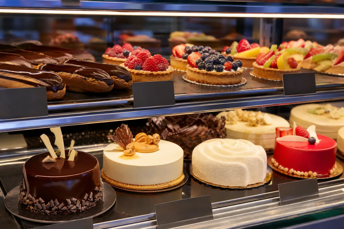 Vitrine réfrigérée d&rsquo;une pâtisserie artisanale garnie d&rsquo;éclairs, de tartes et d&rsquo;entremets