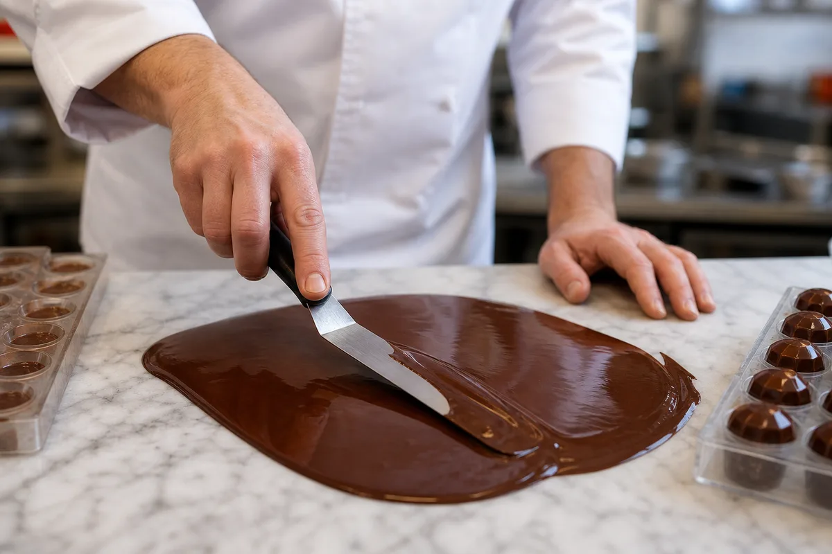 Mains d&rsquo;un chocolatier tempérant du chocolat noir sur un plan de marbre à la spatule