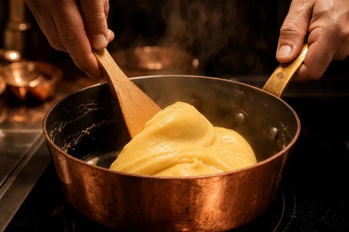 Panade de pâte à choux desséchée à la spatule dans une casserole en cuivre