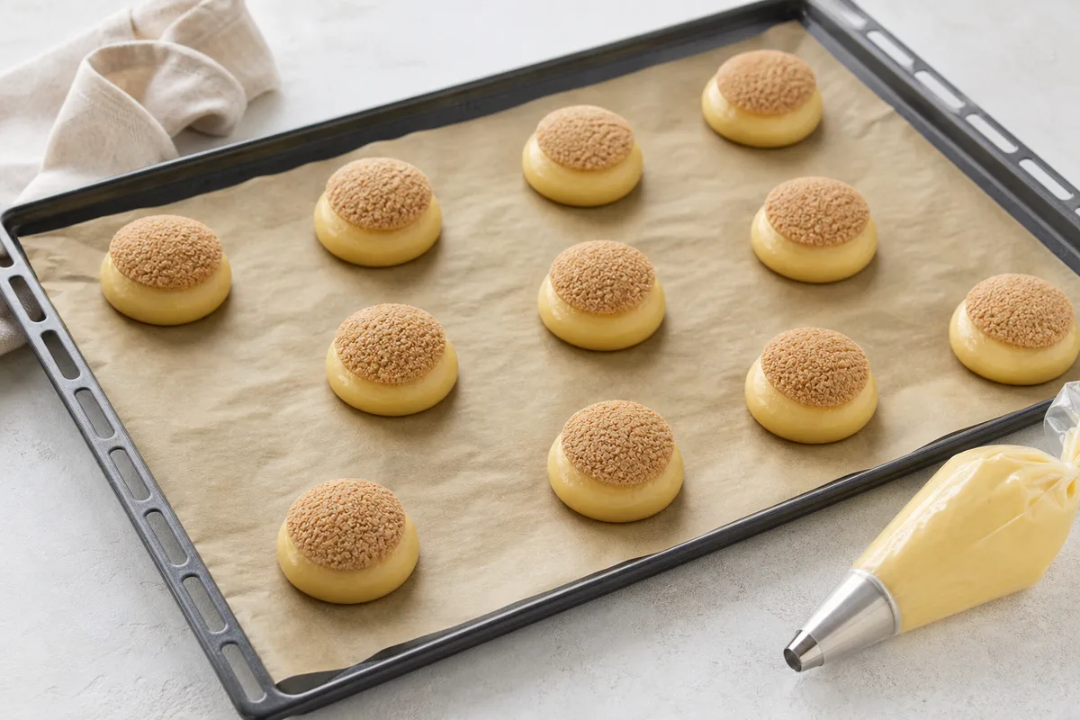 Choux dressés en quinconce sur une plaque, disques de craquelin posés dessus