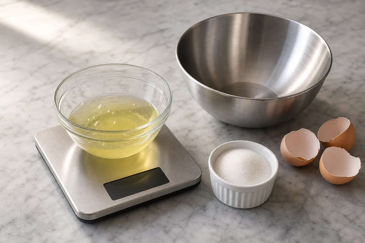 Blancs d’œufs pesés sur une balance de cuisine à côté d’un bol en inox