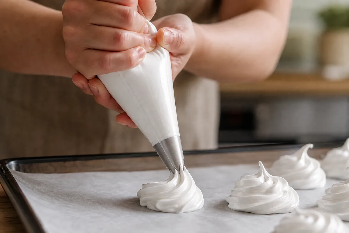 Meringue brillante dressée à la poche à douille sur une plaque de cuisson