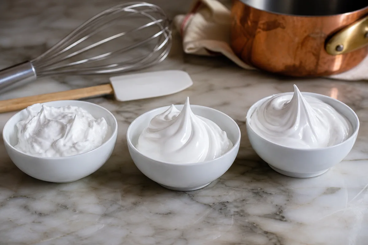 Trois textures de meringue comparées sur un plan de travail en marbre