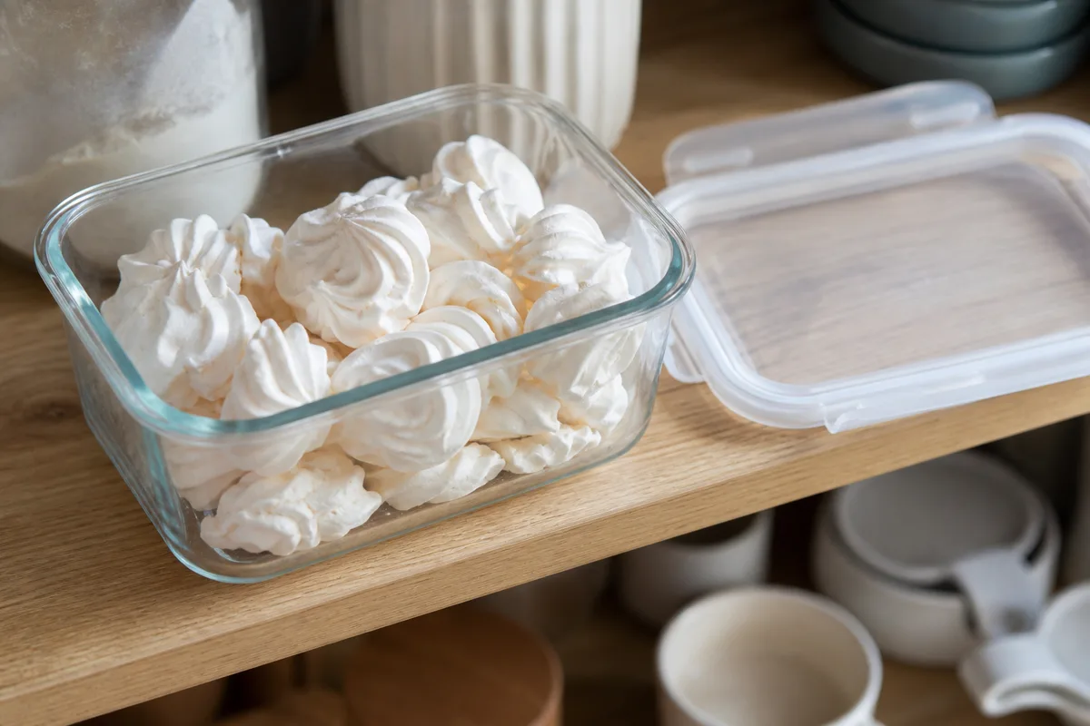 Meringues croquantes rangées dans une boîte hermétique en verre